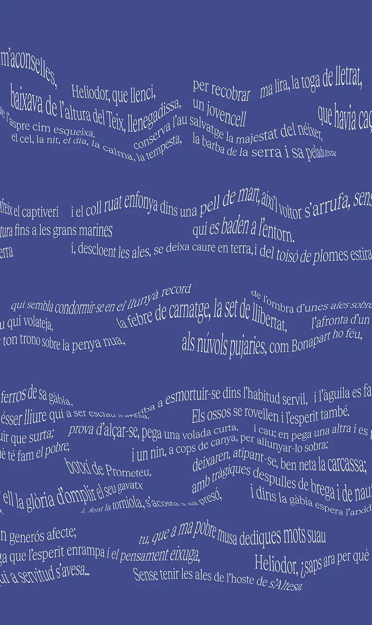 Close-up of a fragment extracted from the Joan Alcover book, presenting wavy white text on top of a blue background.